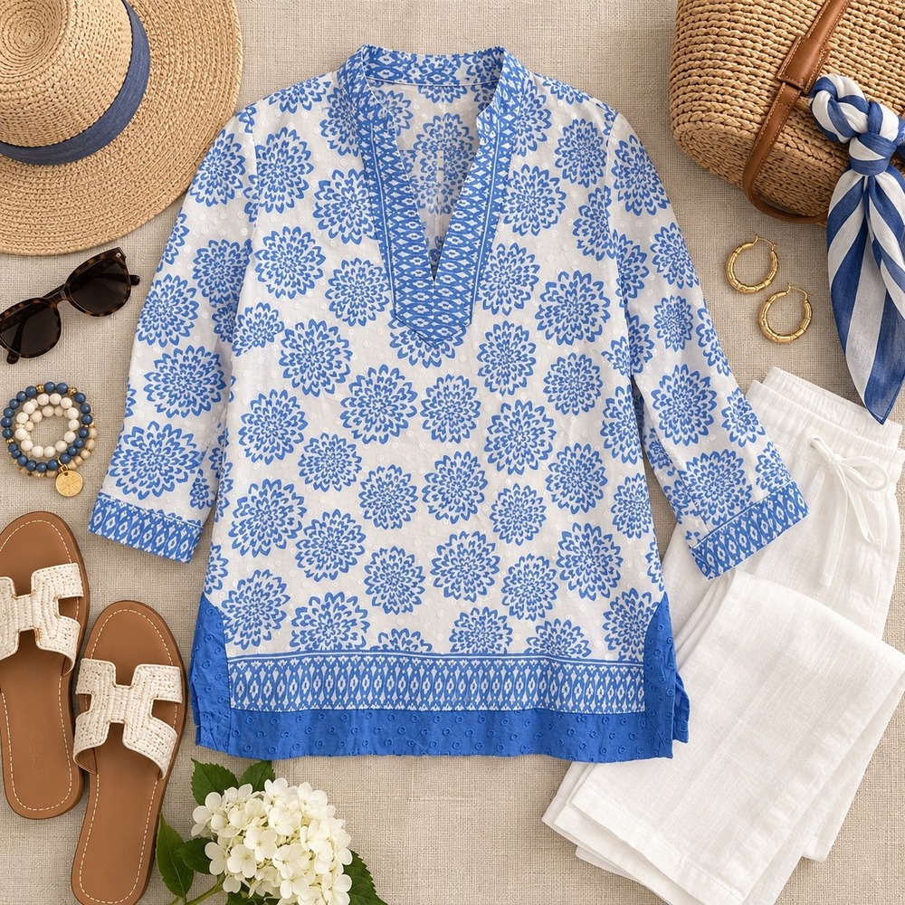 Zac & Rachel Tunic Top Womens Medium Blue White Floral Cotton 3/4 Sleeve